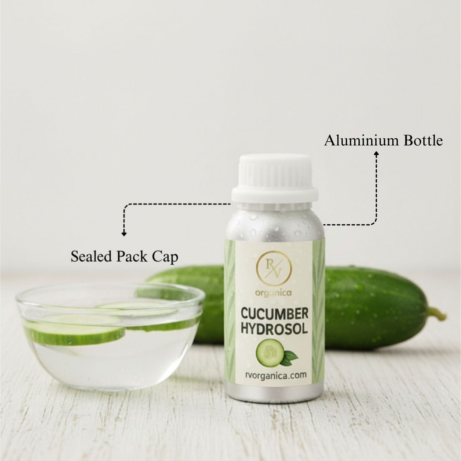 Cucumber Hydrosol in aluminium bottle with sealed cap – pure natural cucumber floral water for skincare and face mist use