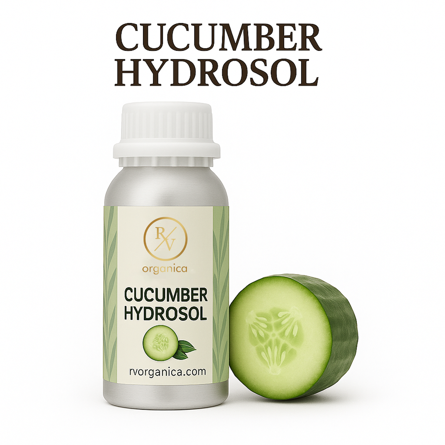 A bottle of Cucumber Hydrosol with a white label, next to a fresh cucumber. The label includes the text 'CUCUMBER HYDROSOL' and the brand name 'RV Organica' with a website address 'rvorganica.