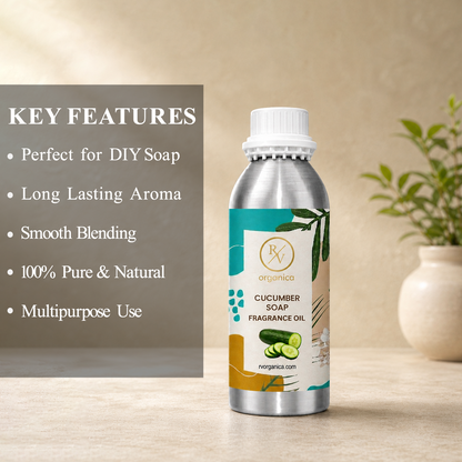 Key features of Cucumber Soap Fragrance Oil include a fresh cucumber aroma, long-lasting fragrance, ideal for soaps and body care products, strong scent retention, premium quality, IFRA compliant, and multipurpose use.