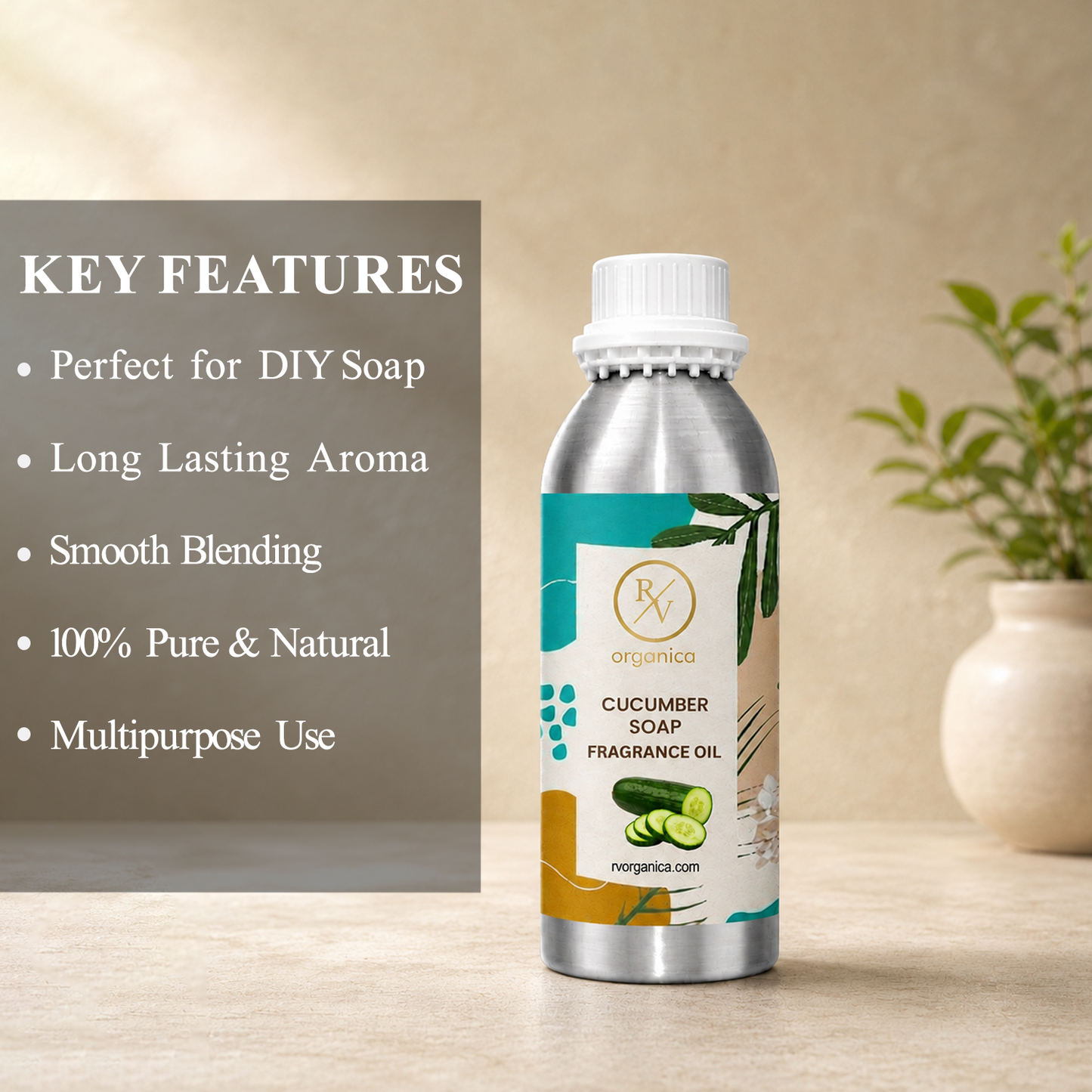 Key features of Cucumber Soap Fragrance Oil include a fresh cucumber aroma, long-lasting fragrance, ideal for soaps and body care products, strong scent retention, premium quality, IFRA compliant, and multipurpose use.