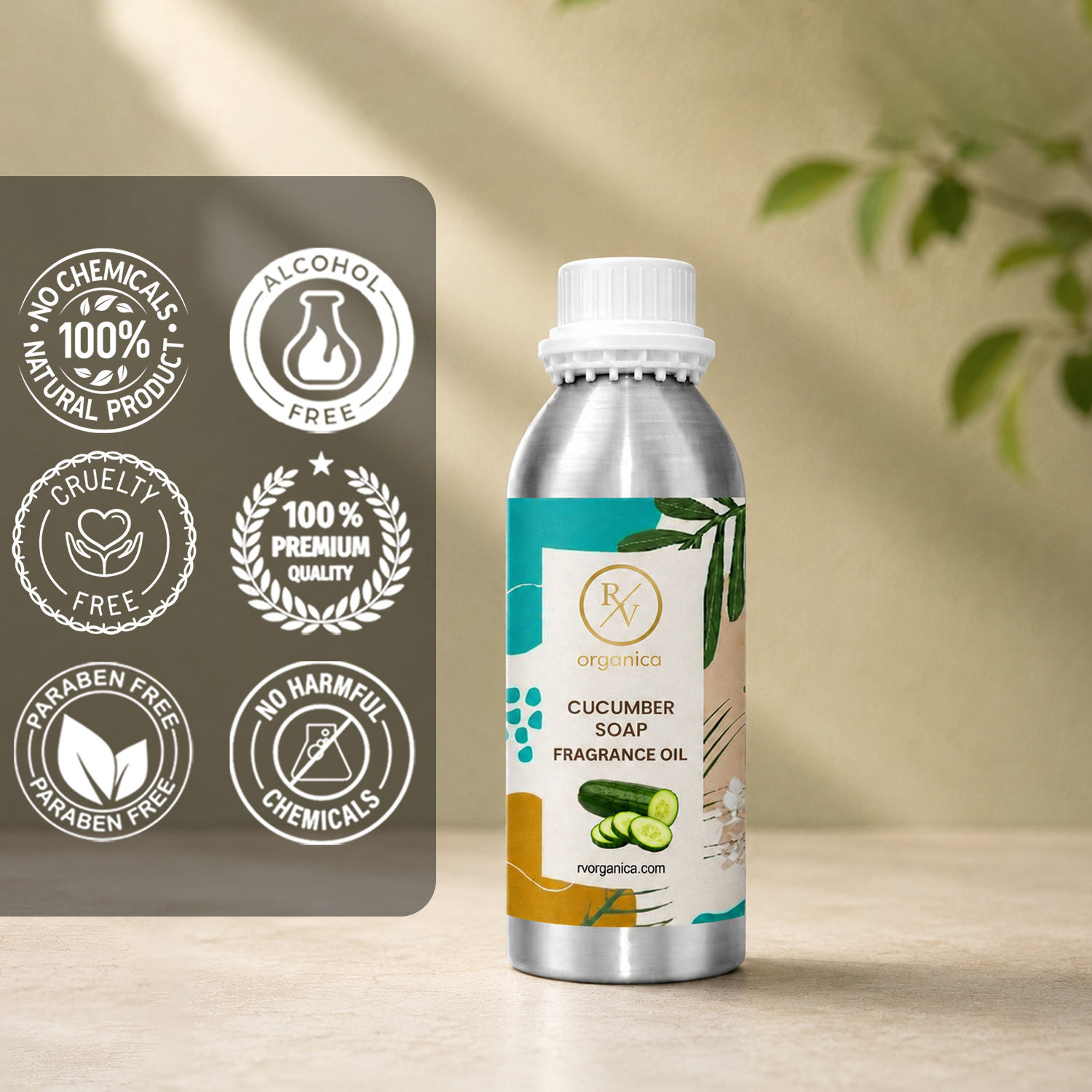 Cucumber Soap Fragrance Oil in a premium aluminium bottle with quality icons highlighting long-lasting fragrance, premium quality, IFRA compliant, cruelty-free, Made in India, and multipurpose use.