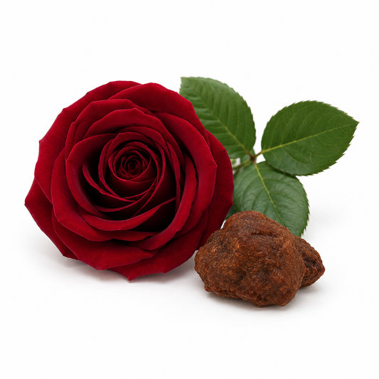 Dark Rose Labdanum Fragrance Oil with a rich floral, resinous, and sophisticated aroma, offering a deep, long-lasting scent ideal for perfumes, candles, soaps, and luxury home fragrance products.
