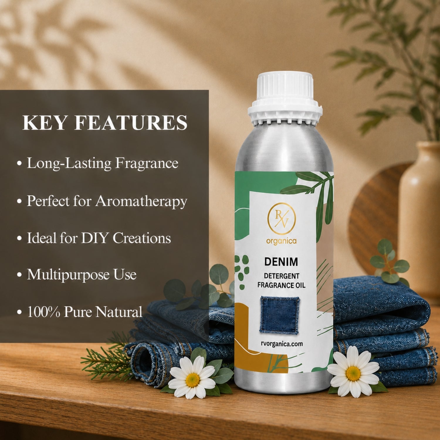 Key features of Denim Detergent Fragrance Oil include a fresh clean laundry aroma, long-lasting fragrance, ideal for detergents and fabric conditioners, strong scent retention, premium quality, IFRA compliant, and multipurpose use.