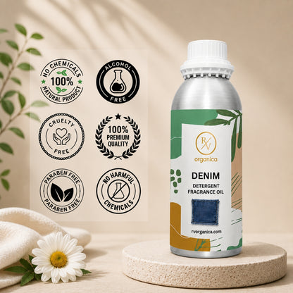 Denim Detergent Fragrance Oil in a premium aluminium bottle with quality icons highlighting long-lasting fragrance, premium quality, IFRA compliant, cruelty-free, Made in India, and multipurpose use.