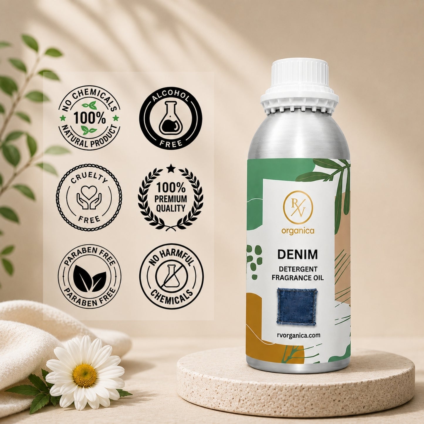 Denim Detergent Fragrance Oil in a premium aluminium bottle with quality icons highlighting long-lasting fragrance, premium quality, IFRA compliant, cruelty-free, Made in India, and multipurpose use.
