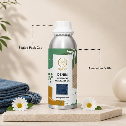 Sealed aluminium bottle of Denim Detergent Fragrance Oil with secure packaging, helping maintain freshness and premium fragrance quality.