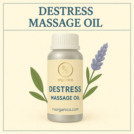 Premium organic destress massage oil bottle by RV Organica - herbal stress relief formula with natural essential oils for relaxation