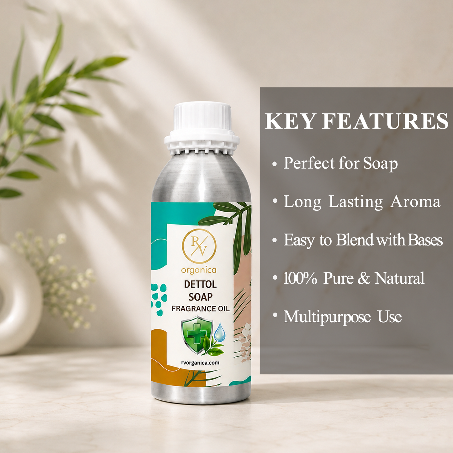 Key features of Dettol Soap Fragrance Oil include fresh clean aroma, long-lasting scent, ideal for soaps and personal care products, strong fragrance retention, premium quality, IFRA compliant, and multipurpose use.