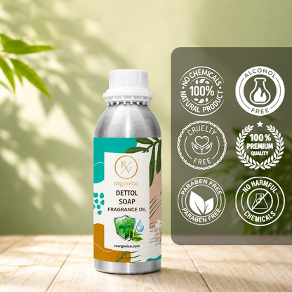 Dettol Soap Fragrance Oil in a premium aluminium bottle with quality icons highlighting long-lasting fragrance, premium quality, IFRA compliant, cruelty-free, Made in India, and multipurpose use.