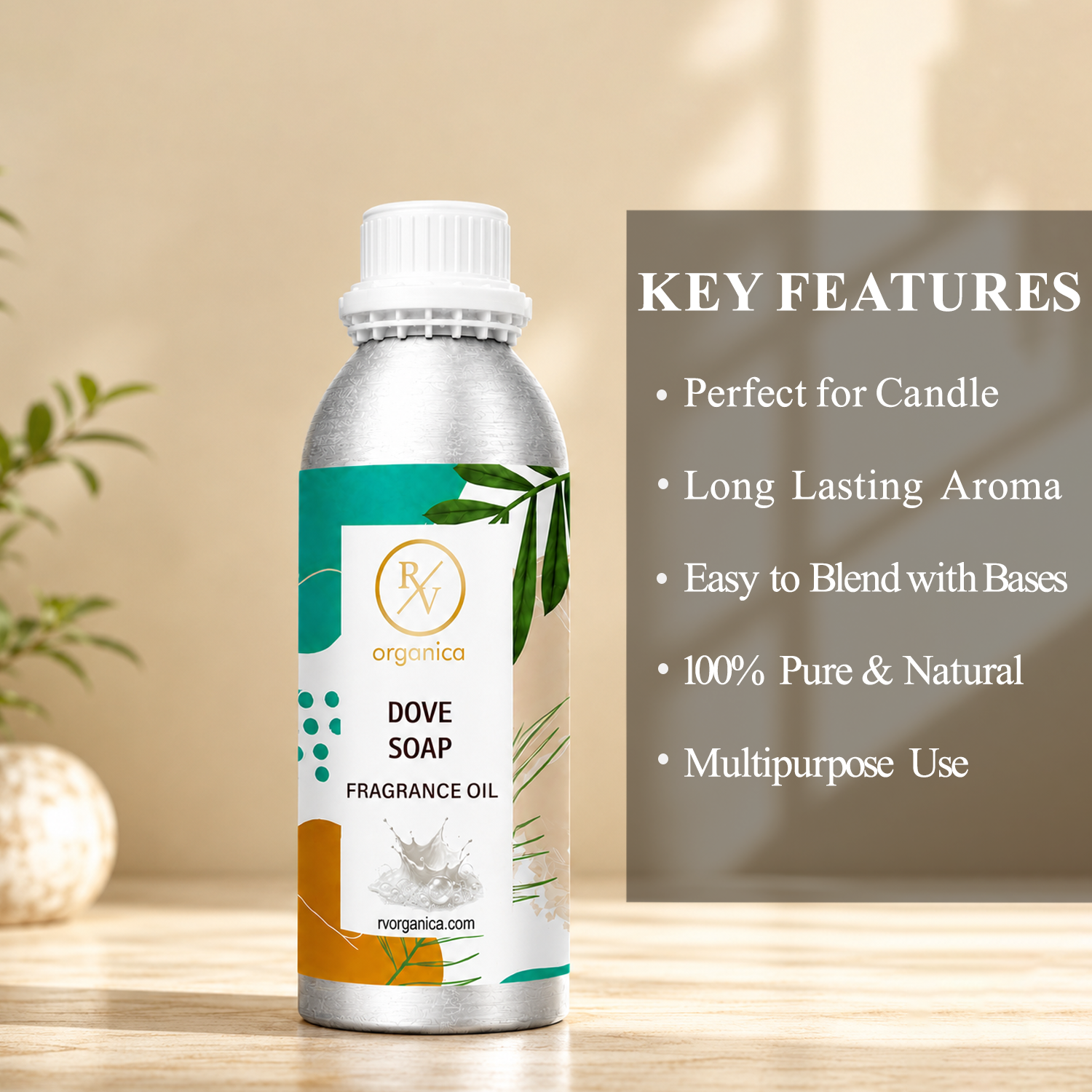 Key features of Dove Soap Fragrance Oil include soft creamy floral aroma, clean refreshing fragrance, long-lasting scent, ideal for soaps and personal care products, premium quality, IFRA compliant, and multipurpose use.