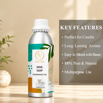 Key features of Dove Soap Fragrance Oil include soft creamy floral aroma, clean refreshing fragrance, long-lasting scent, ideal for soaps and personal care products, premium quality, IFRA compliant, and multipurpose use.