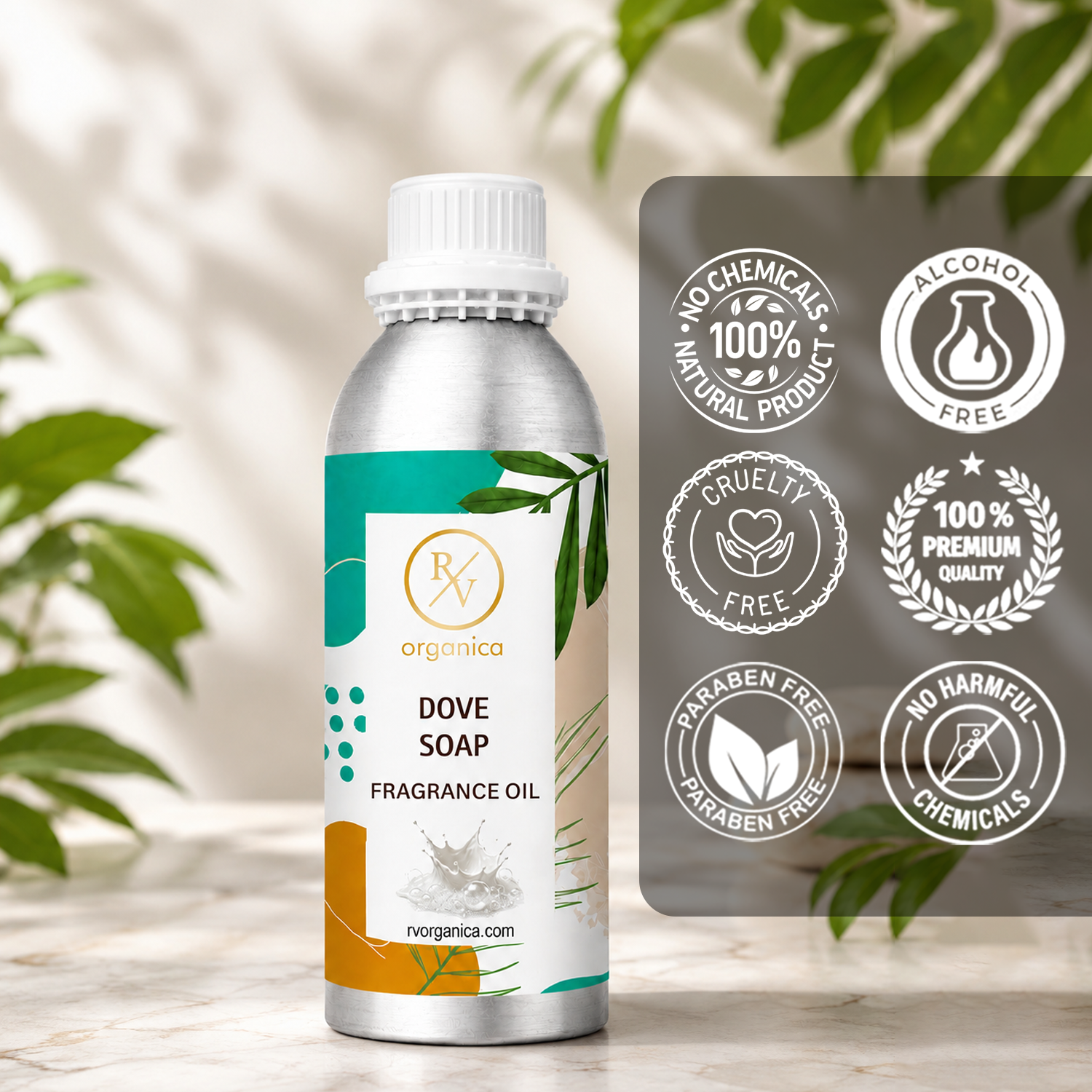 Dove Soap Fragrance Oil in a premium aluminium bottle with quality icons highlighting long-lasting fragrance, premium quality, IFRA compliant, cruelty-free, Made in India, and multipurpose use.