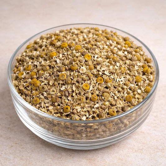 Dried chamomile flowers used for herbal tea, relaxation, skincare and natural wellness