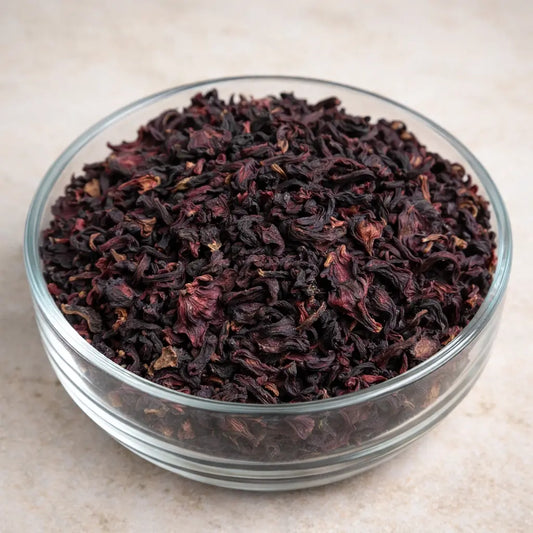 Dried hibiscus flowers used for herbal tea, hair care, skincare and natural wellness