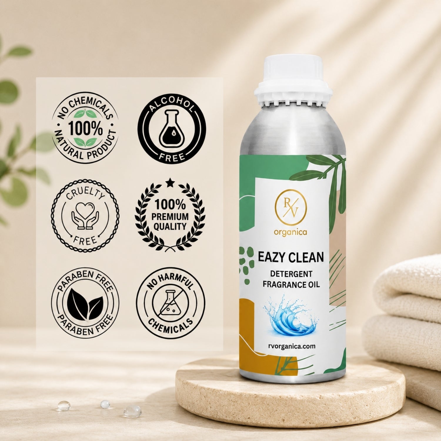 Easy Clean Detergent Fragrance Oil in a premium aluminium bottle with quality icons highlighting long-lasting fragrance, premium quality, IFRA compliant, cruelty-free, Made in India, and multipurpose fragrance applications.