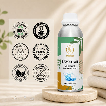 Easy Clean Detergent Fragrance Oil in a premium aluminium bottle with quality icons highlighting long-lasting fragrance, premium quality, IFRA compliant, cruelty-free, Made in India, and multipurpose fragrance applications.