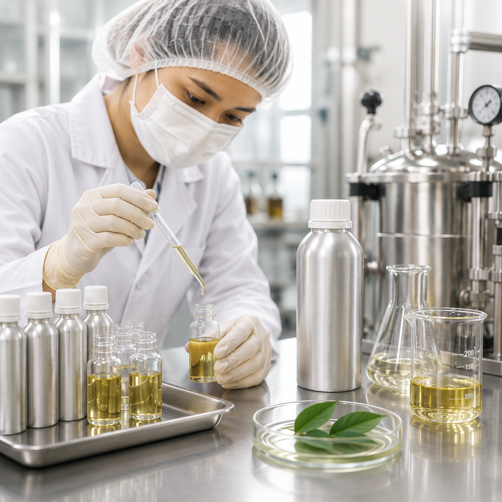 RV Organica lab technician testing essential oil quality and purity in manufacturing facility
