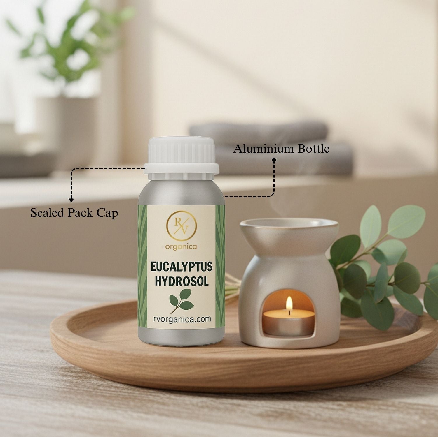 Eucalyptus Hydrosol in aluminium bottle with sealed cap – pure natural eucalyptus floral water for skincare and aromatherapy use