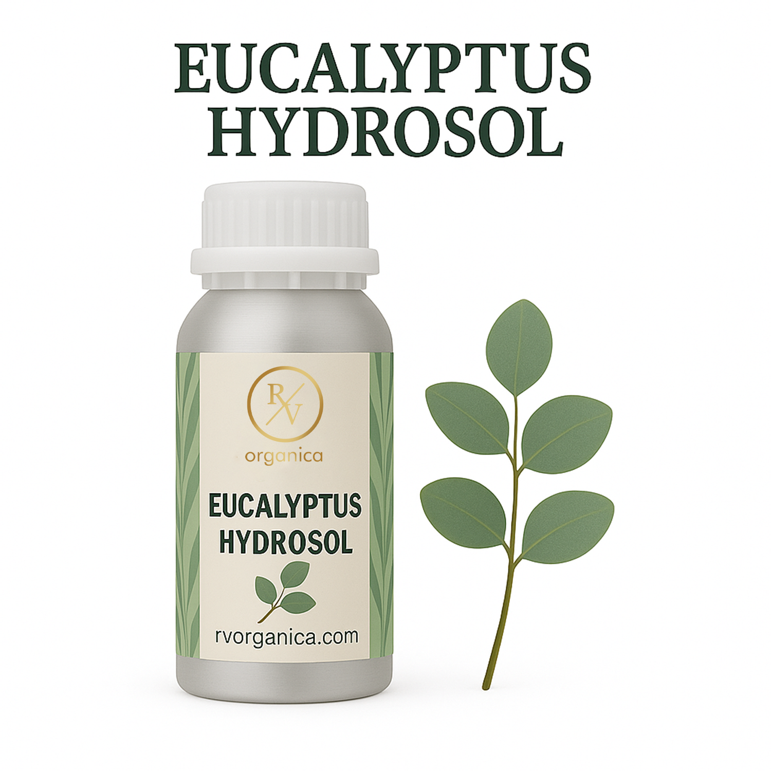 A bottle of Eucalyptus Hydrosol with a label that includes the brand name RV Organica and the product name. There is also an illustration of eucalyptus leaves to the side.