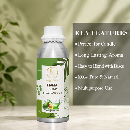 Key features of Fiama Soap Fragrance Oil include fresh floral aroma, clean refreshing fragrance, long-lasting scent, ideal for soaps and personal care products, premium quality, IFRA compliant, and multipurpose use.