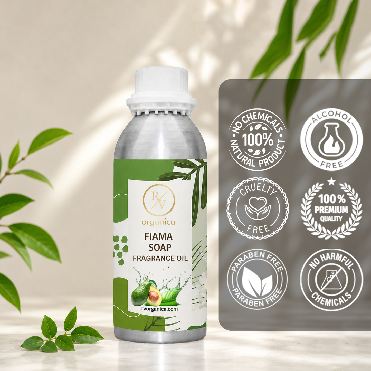 Fiama Soap Fragrance Oil in a premium aluminium bottle with quality icons highlighting long-lasting fragrance, premium quality, IFRA compliant, cruelty-free, Made in India, and multipurpose use.