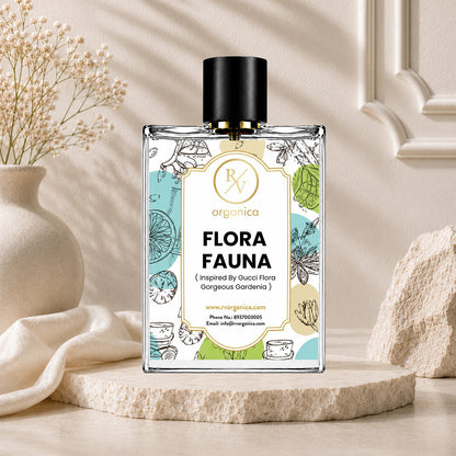 Luxury lifestyle image of RV Organica Flora Fauna Inspired Fragrance perfume displayed in an elegant premium setting.