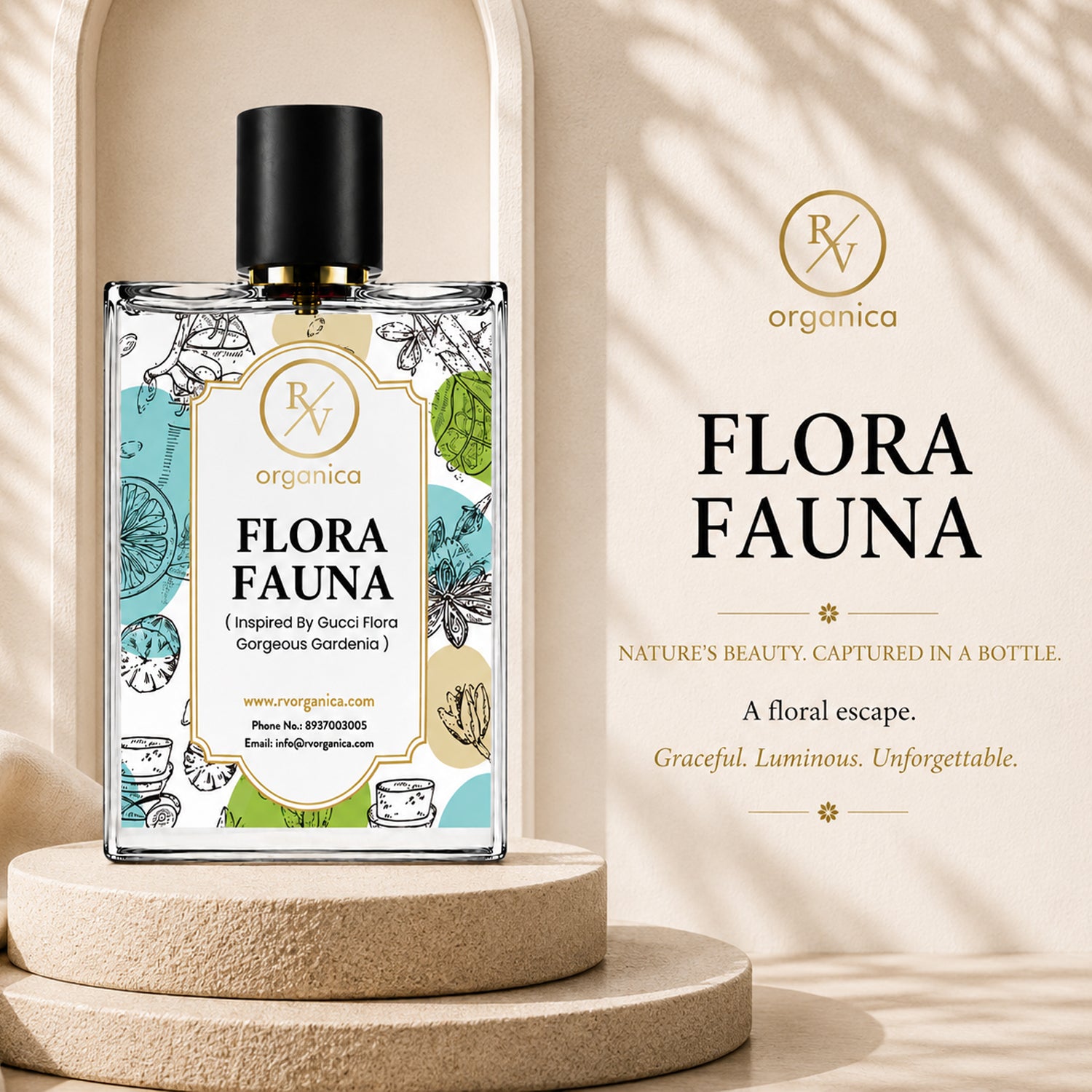 RV Organica Flora Fauna Inspired Fragrance premium perfume bottle with elegant packaging and a long-lasting luxury floral fragrance.