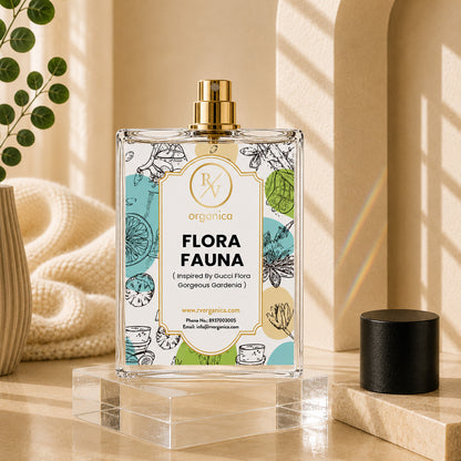 Flora Fauna Inspired Fragrance by RV Organica premium perfume bottle with luxury glass design and removable cap.
