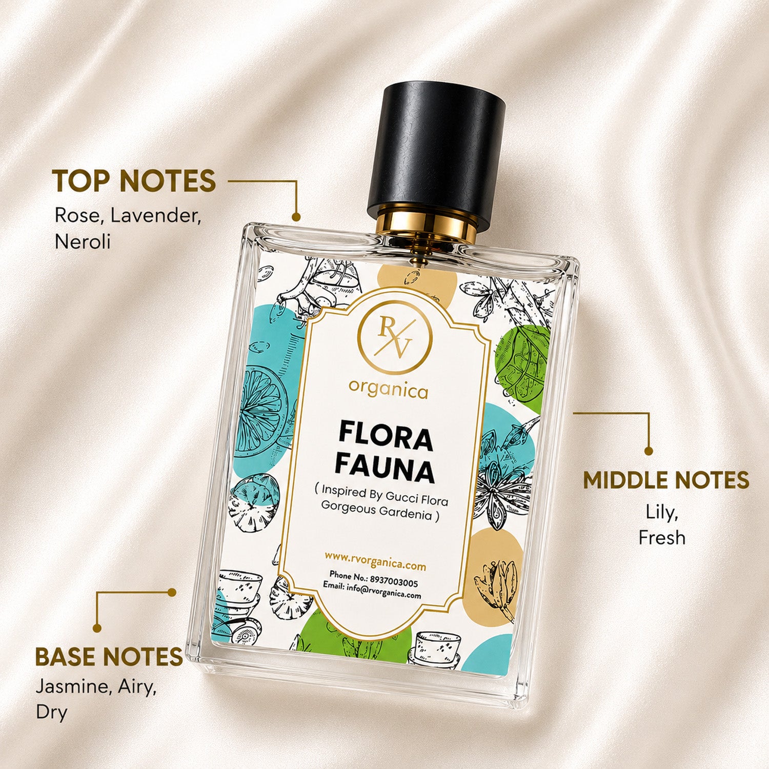 RV Organica Flora Fauna Inspired Fragrance featuring top notes of Rose, Lavender and Neroli, middle notes of Lily and Fresh accords, with base notes of Jasmine, Airy and Dry accords for a long-lasting floral fragrance.