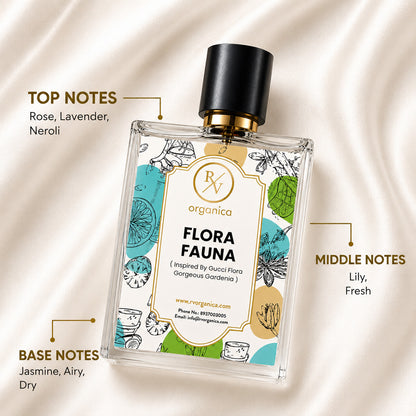 RV Organica Flora Fauna Inspired Fragrance featuring top notes of Rose, Lavender and Neroli, middle notes of Lily and Fresh accords, with base notes of Jasmine, Airy and Dry accords for a long-lasting floral fragrance.