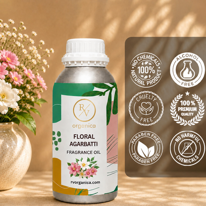 Floral Agarbatti Fragrance Oil in a premium aluminium bottle with quality certification icons, showcasing its long-lasting floral incense aroma, IFRA compliant formula, and multipurpose use for agarbatti, candles, soaps, perfumes, and home fragrance products.
