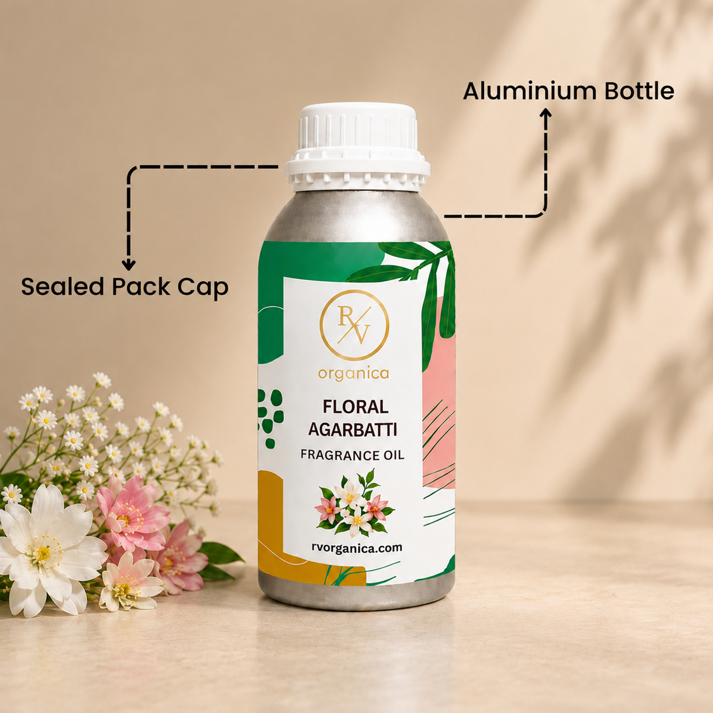 Sealed aluminium bottle of Floral Agarbatti Fragrance Oil, ensuring purity, freshness, leak-proof packaging, and premium fragrance quality for bulk and personal use.
