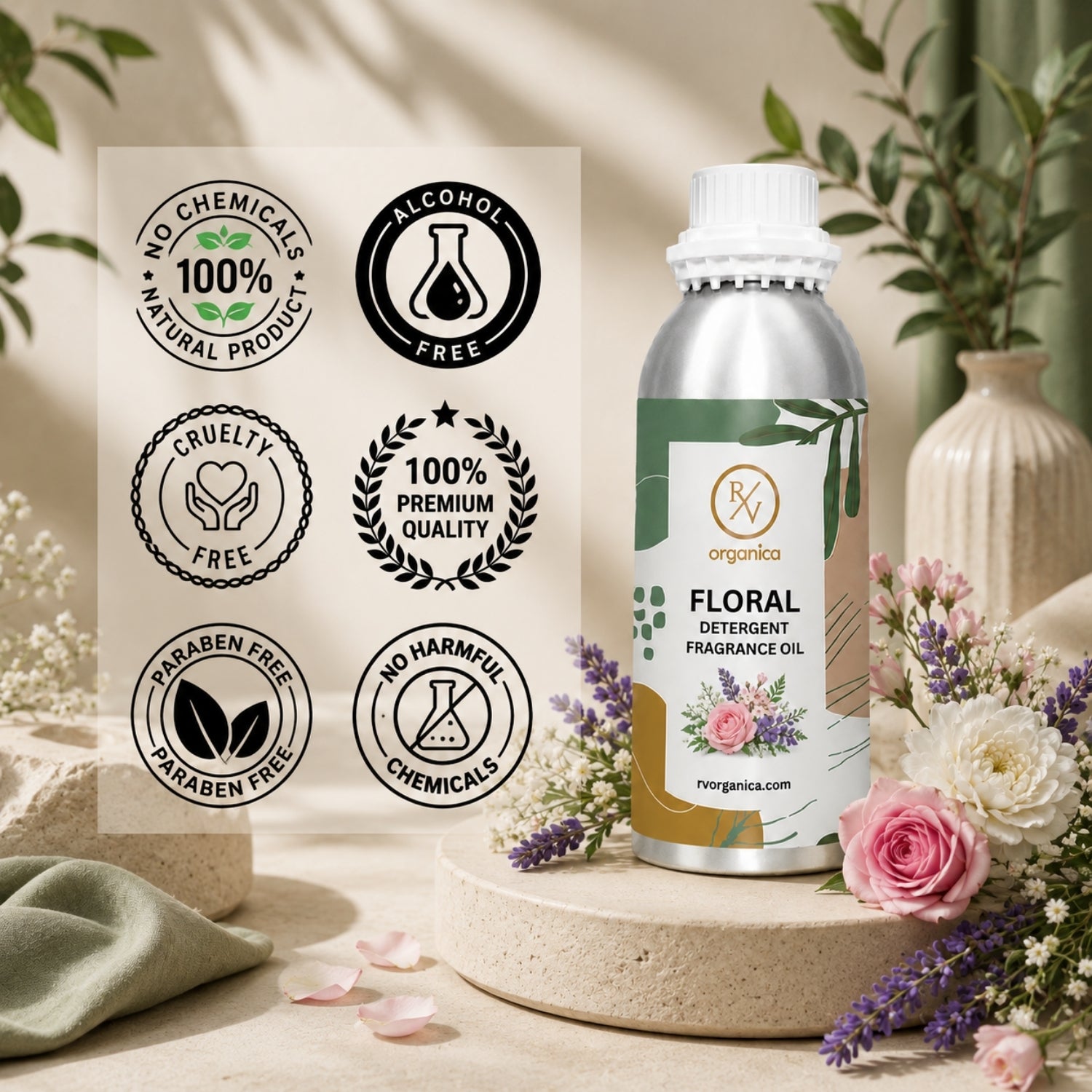 Floral Detergent Fragrance Oil in a premium aluminium bottle with quality icons highlighting long-lasting fragrance, premium quality, IFRA compliant, cruelty-free, Made in India, and multipurpose fragrance applications.