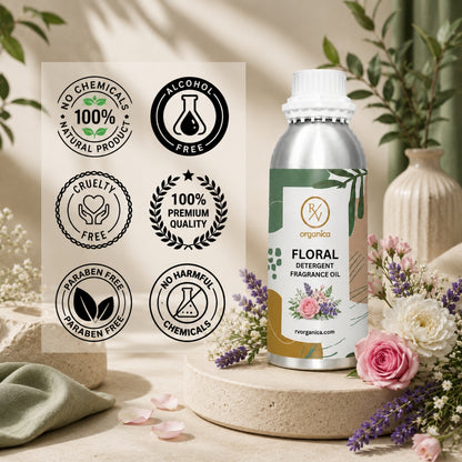 Floral Detergent Fragrance Oil in a premium aluminium bottle with quality icons highlighting long-lasting fragrance, premium quality, IFRA compliant, cruelty-free, Made in India, and multipurpose fragrance applications.
