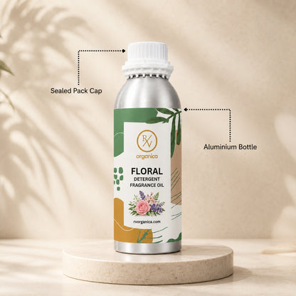 Sealed aluminium bottle of Floral Detergent Fragrance Oil, ensuring purity, freshness, leak-proof packaging, and premium fragrance quality for bulk and personal use.