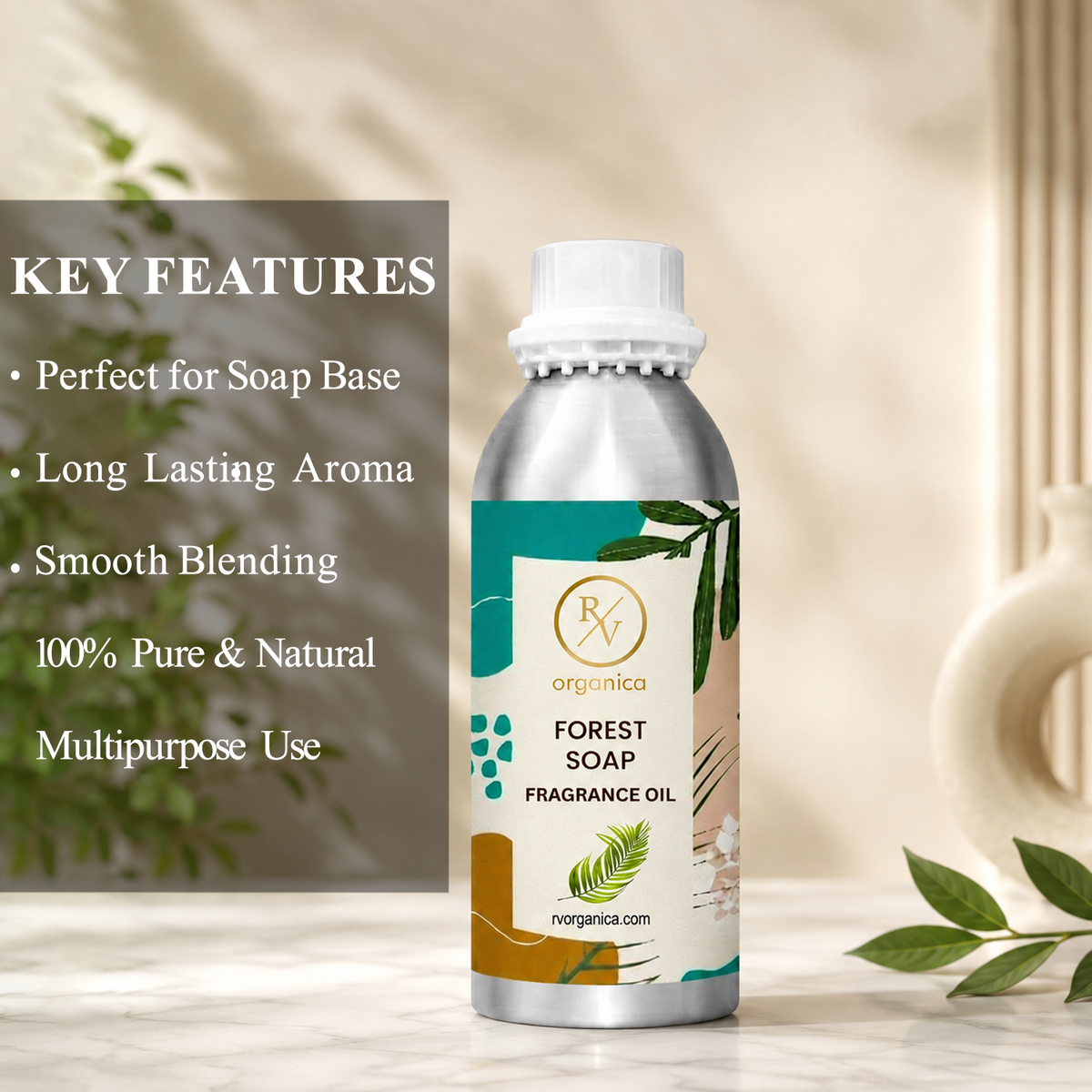 Key features of Forest Soap Fragrance Oil include fresh green woody aroma, nature-inspired fragrance, long-lasting scent, ideal for soaps and personal care products, premium quality, IFRA compliant, and multipurpose use.