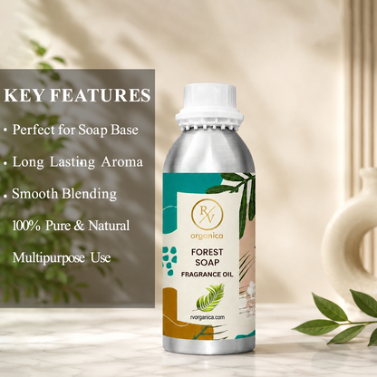 Key features of Forest Soap Fragrance Oil include fresh green woody aroma, nature-inspired fragrance, long-lasting scent, ideal for soaps and personal care products, premium quality, IFRA compliant, and multipurpose use.