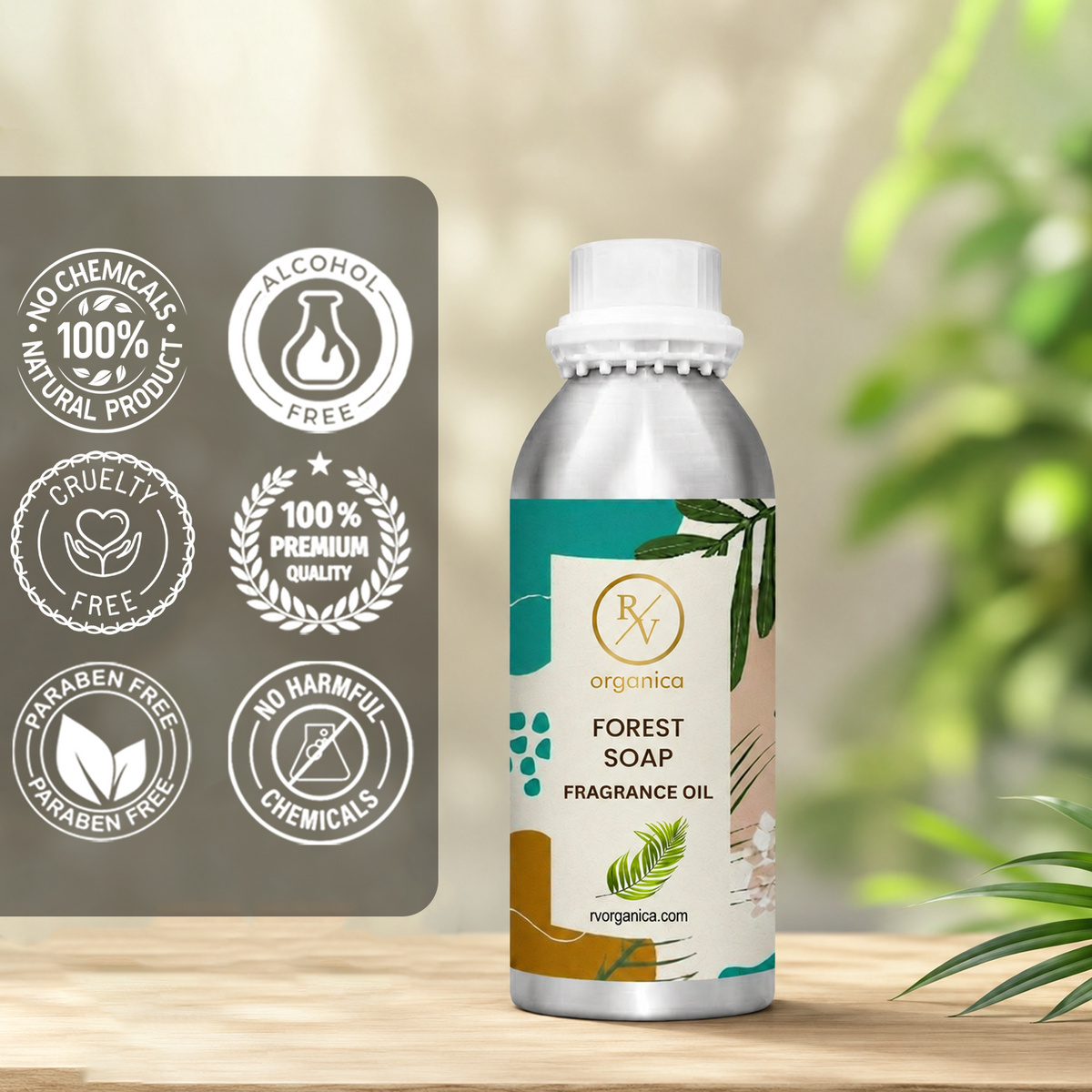 Forest Soap Fragrance Oil in a premium aluminium bottle with quality icons highlighting long-lasting fragrance, premium quality, IFRA compliant, cruelty-free, Made in India, and multipurpose use.