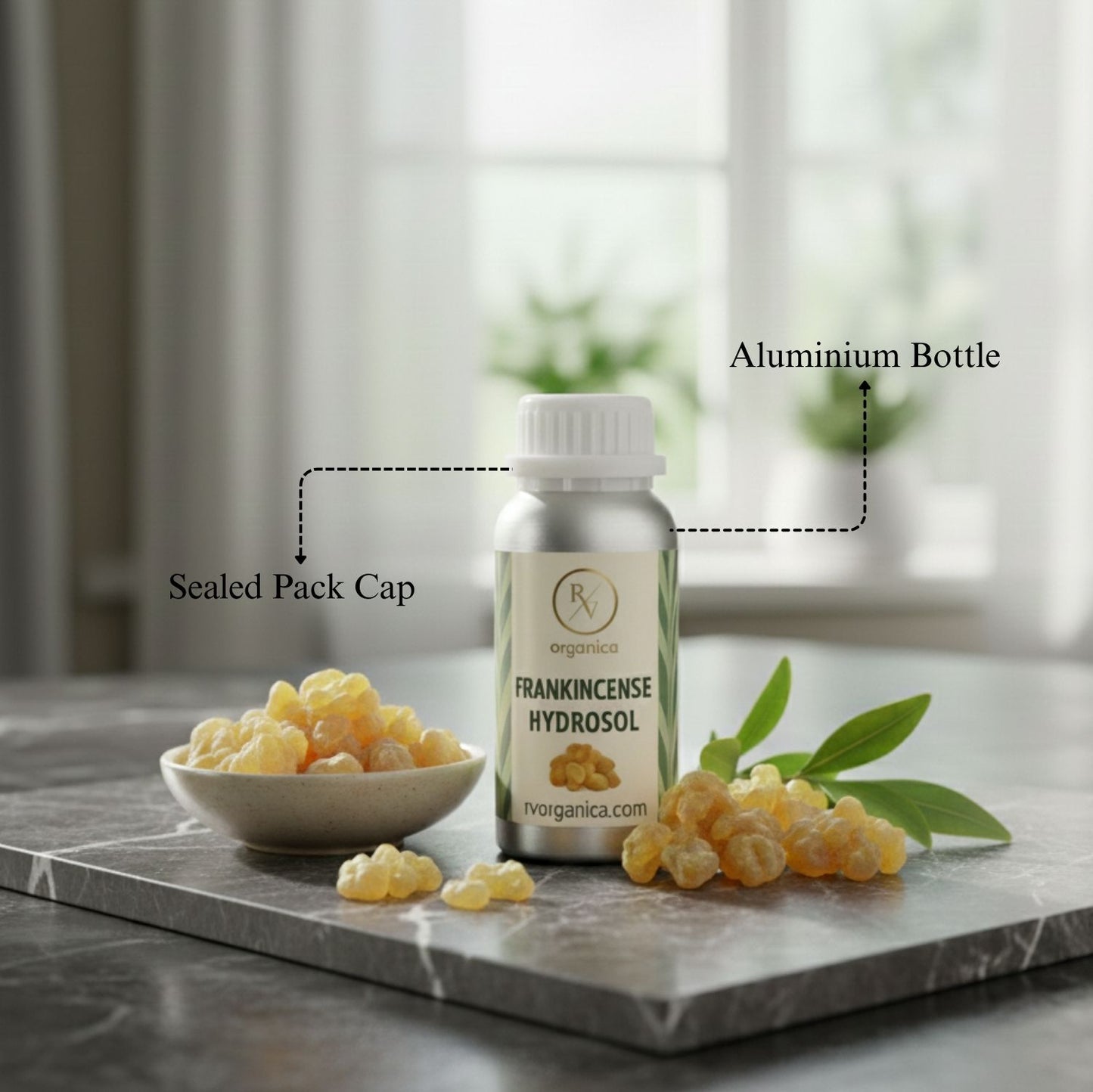 Frankincense Hydrosol in aluminium bottle with sealed cap – pure natural frankincense floral water for skincare and aromatherapy use