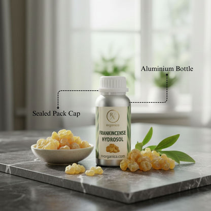 Frankincense Hydrosol in aluminium bottle with sealed cap – pure natural frankincense floral water for skincare and aromatherapy use