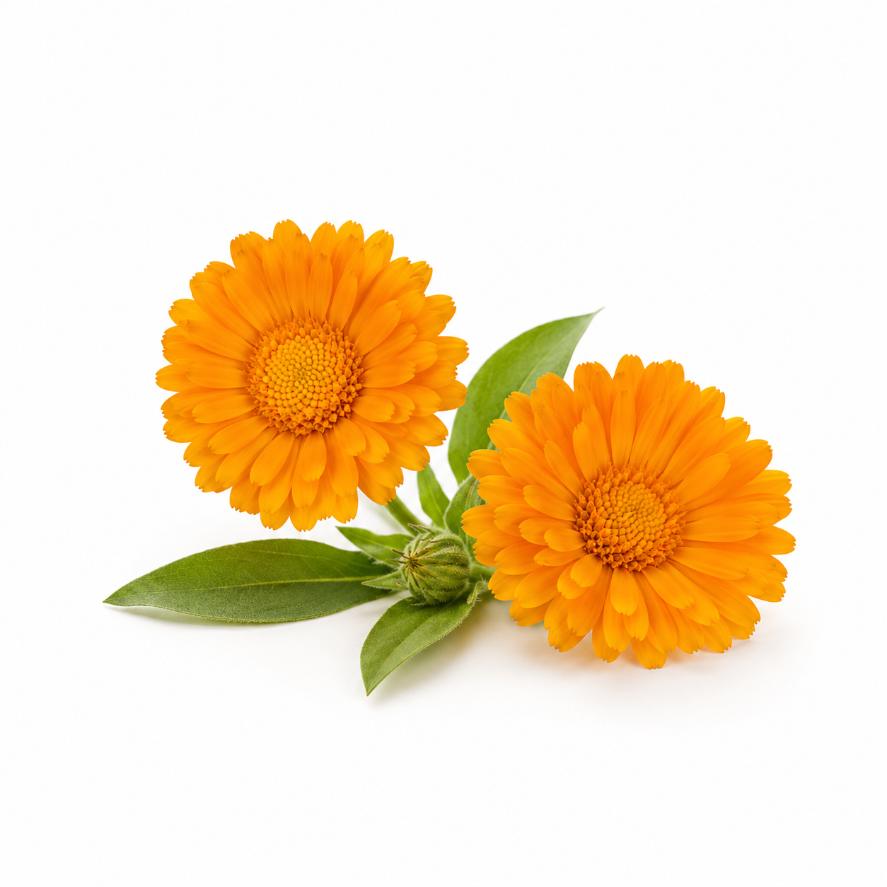Two fresh calendula flowers with green leaves on a white background