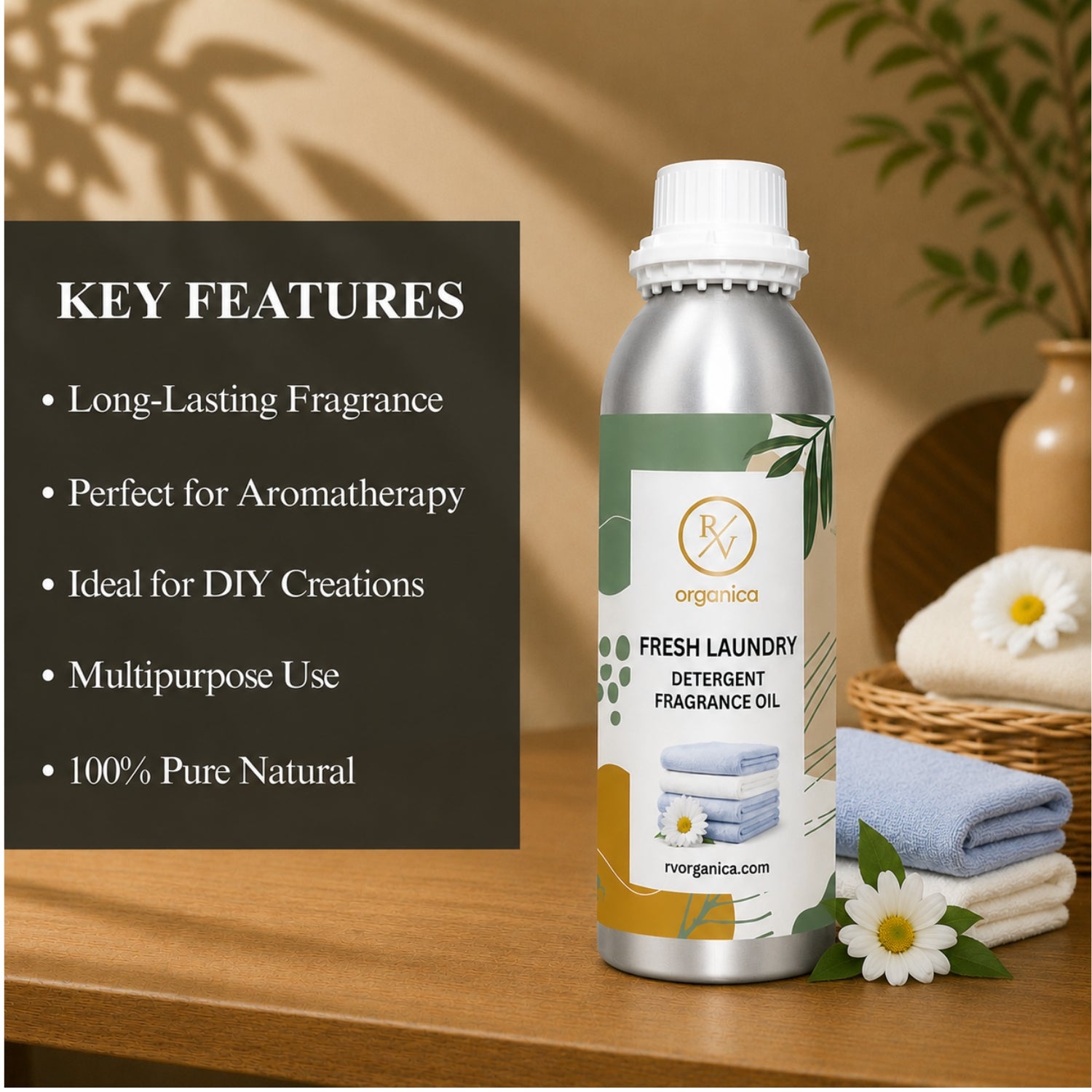 Key features of Fresh Laundry Detergent Fragrance Oil include fresh laundry aroma, long-lasting fragrance, ideal for detergents and fabric conditioners, strong scent retention, premium quality, IFRA compliant, and multipurpose use.