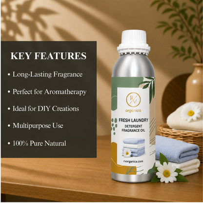 Key features of Fresh Laundry Detergent Fragrance Oil include fresh laundry aroma, long-lasting fragrance, ideal for detergents and fabric conditioners, strong scent retention, premium quality, IFRA compliant, and multipurpose use.