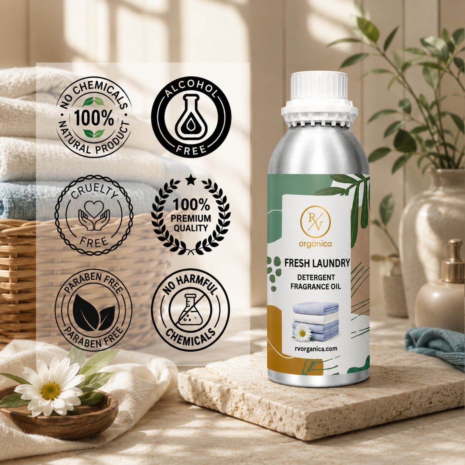 Fresh Laundry Detergent Fragrance Oil in a premium aluminium bottle with quality icons highlighting long-lasting fragrance, premium quality, IFRA compliant, cruelty-free, Made in India, and multipurpose use.