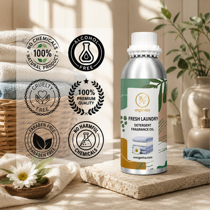 Fresh Laundry Detergent Fragrance Oil in a premium aluminium bottle with quality icons highlighting long-lasting fragrance, premium quality, IFRA compliant, cruelty-free, Made in India, and multipurpose use.