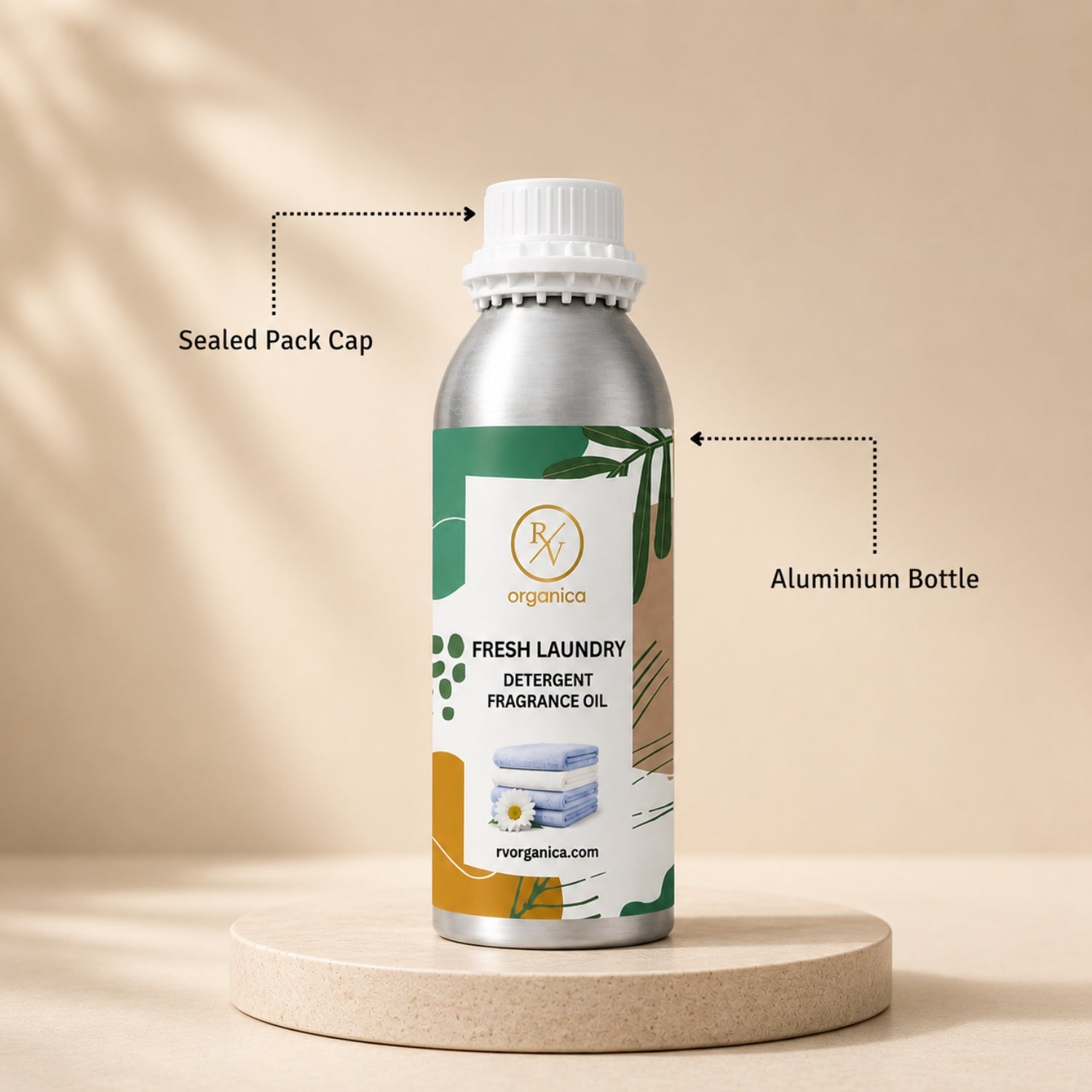 Sealed aluminium bottle of Fresh Laundry Detergent Fragrance Oil with secure packaging, helping maintain freshness and premium fragrance quality.