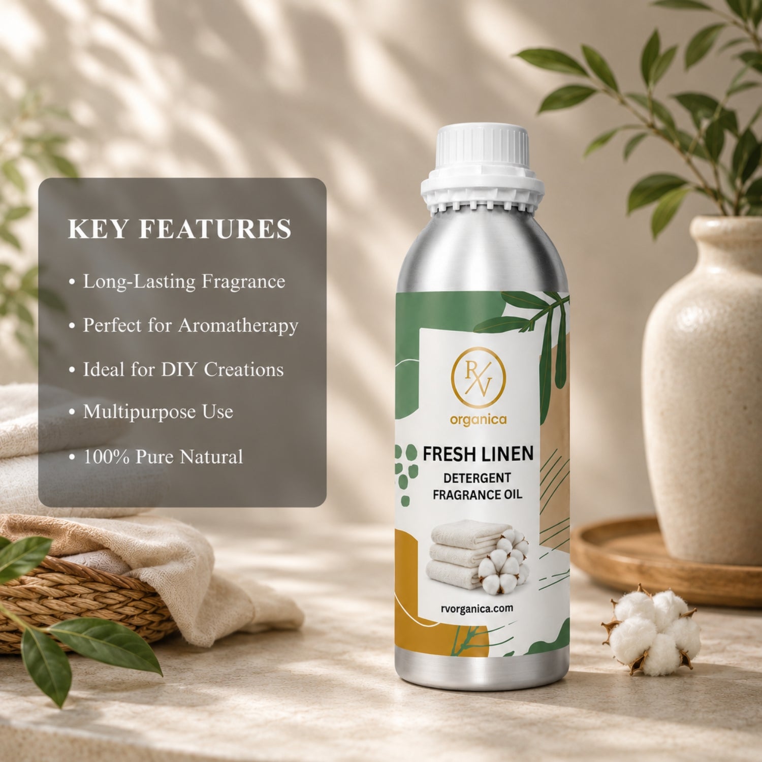 Key features of Fresh Linen Detergent Fragrance Oil include fresh linen aroma, long-lasting fragrance, ideal for detergents and fabric conditioners, strong scent retention, premium quality, IFRA compliant, and multipurpose use.