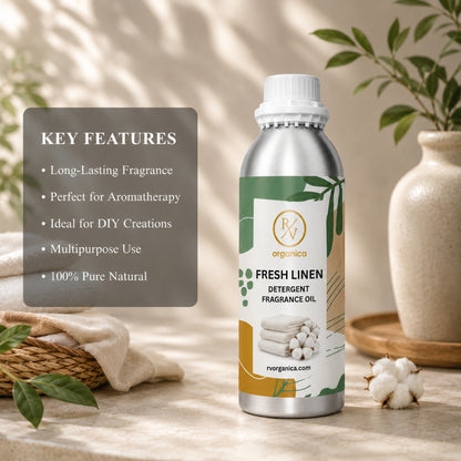 Key features of Fresh Linen Detergent Fragrance Oil include fresh linen aroma, long-lasting fragrance, ideal for detergents and fabric conditioners, strong scent retention, premium quality, IFRA compliant, and multipurpose use.