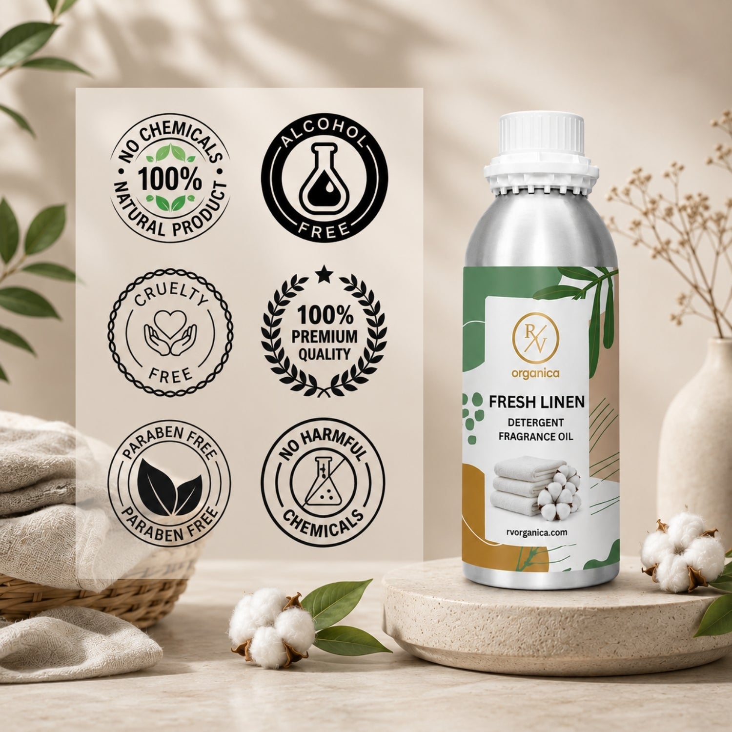 Fresh Linen Detergent Fragrance Oil in a premium aluminium bottle with quality icons highlighting long-lasting fragrance, premium quality, IFRA compliant, cruelty-free, Made in India, and multipurpose use.