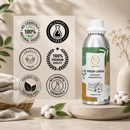 Fresh Linen Detergent Fragrance Oil in a premium aluminium bottle with quality icons highlighting long-lasting fragrance, premium quality, IFRA compliant, cruelty-free, Made in India, and multipurpose use.